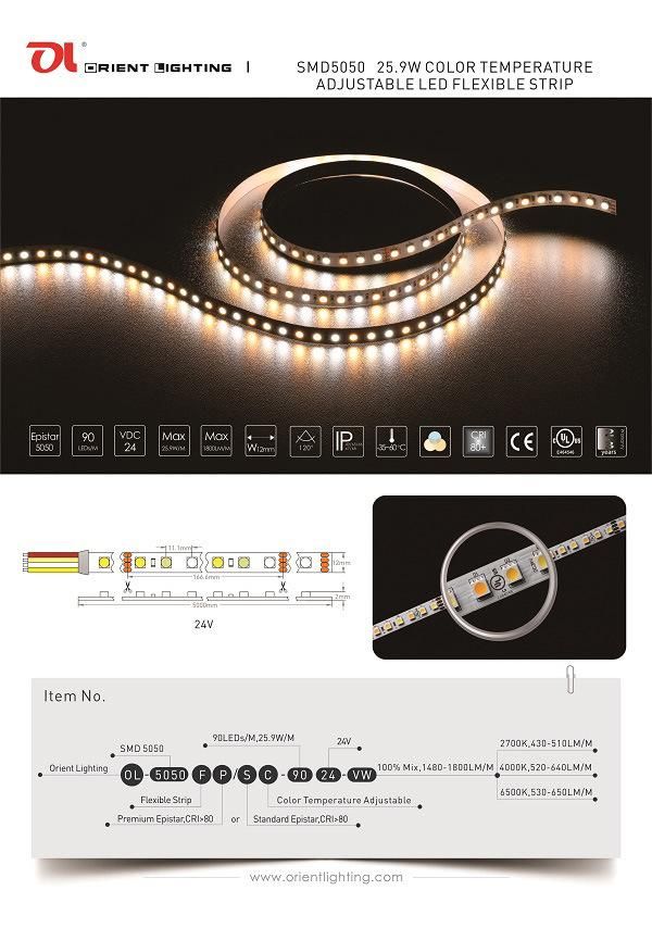 UL Ce Epistar 5050 3-Color Variable White Color 90LEDs 25.9W CTA LED Strip Light