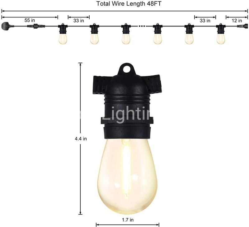 48FT LED Outdoor String Lights Mains Powered Dimmable Commercial Grade Weatherproof Outdoor Festoon Light