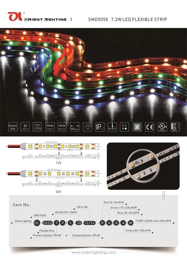UL Ce SMD 5050 30 LEDs/M Flexible LED Strip Light