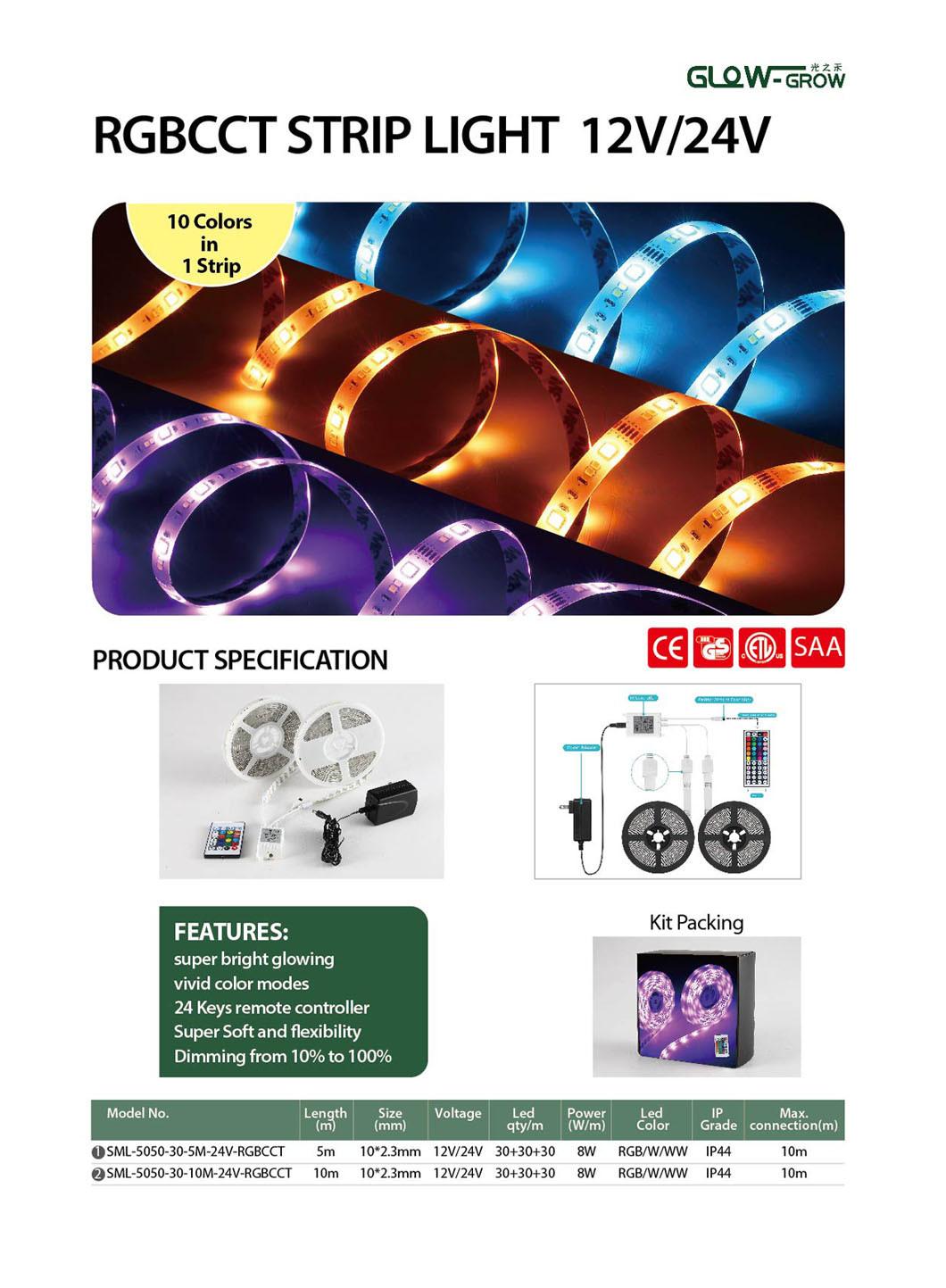 SMD5050 RGB CCT 10 Colors in 1 LED Flexible Strip Light with UL Approval