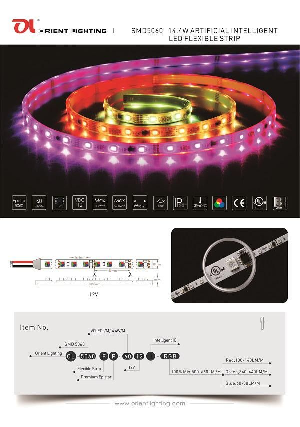 UL Ce SMD5060 60LEDs 14.4W 12V Artificial Intelligent Flexible Strip Light LED RGB