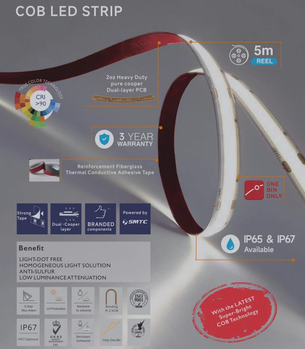 TUV CE UL 12V 24V CRI90 Dimmable Flex COB Strip