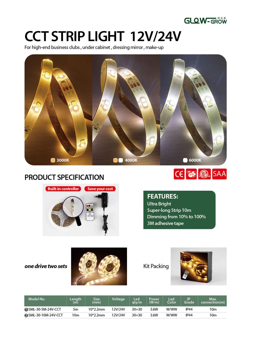 Flexible Nature White 12V/24V IP44 3.6W/M LED CCT Strip Light for High-End Business Clubs, Under Cabinet, Dressing Mirror, Make-up