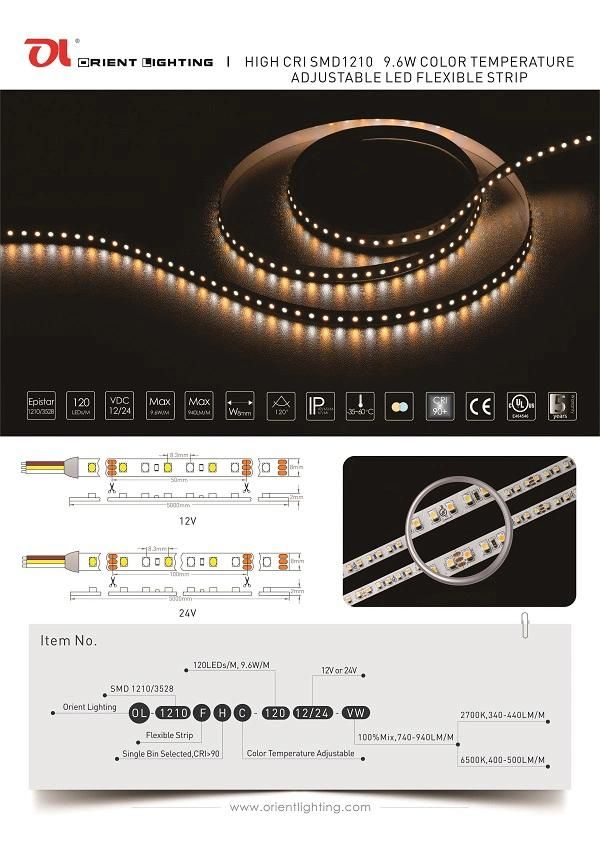 UL Ce SMD1210 3528 24V Color Temperature Adjustable CTA LED Strip Light