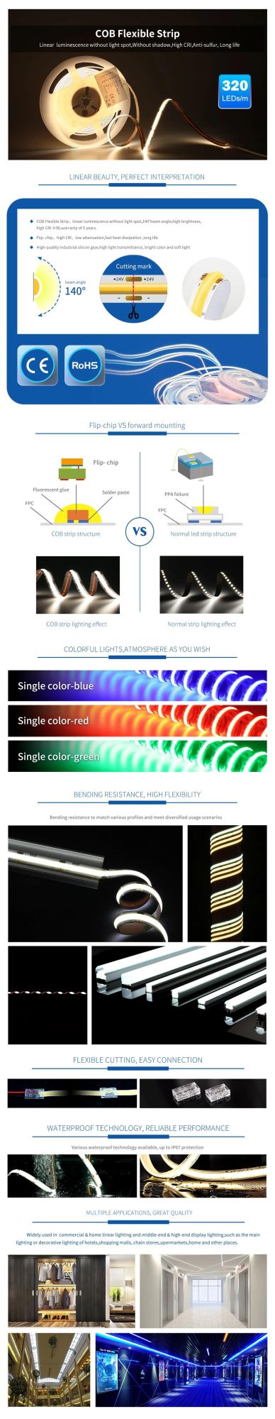 IP65 Waterproof Silicone Tube DC24V COB LED Strip -3000K