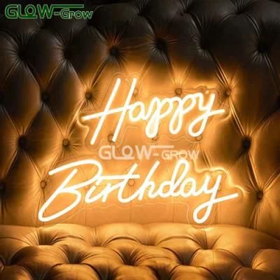 CE RoHS Silicone Warm White Happy Birthday Letters LED Neon Light Sign with 12V Adaptor &amp; Dimmer