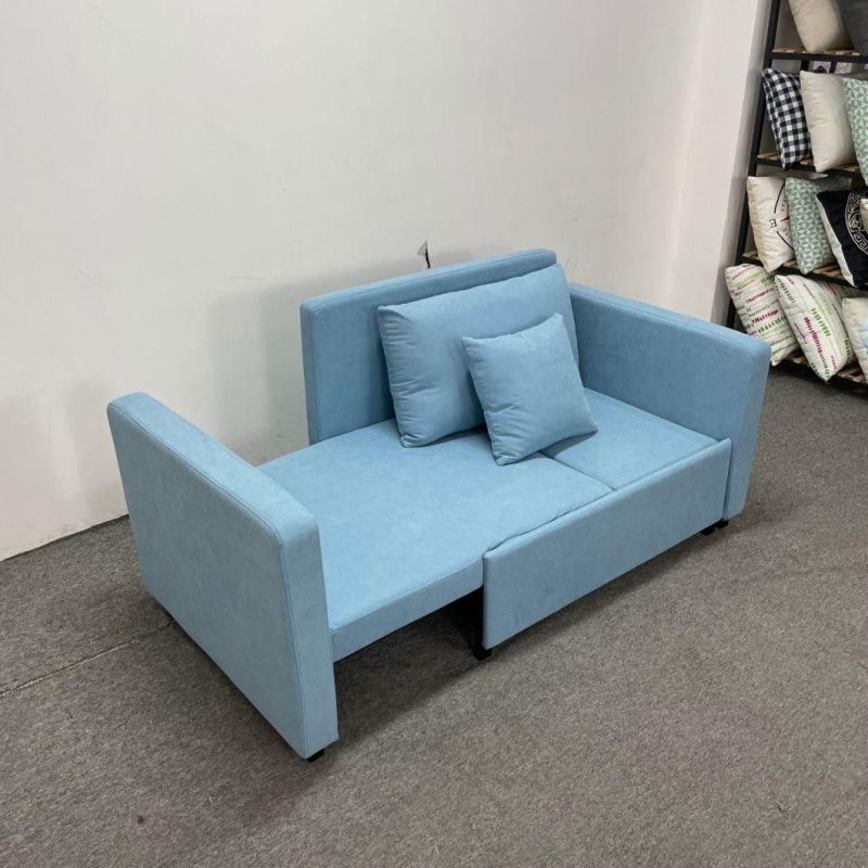 Light Blue Cotton Linen Horizontal Drag Three Section Cushion Sofa Bed