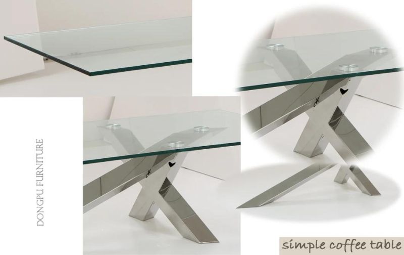 Hot Sale Stainless Steel Cross Stand Coffee Table with Glass Top