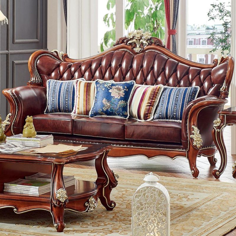 Living Room Furniture Classic Genuine Leather Sofa with Wood Table