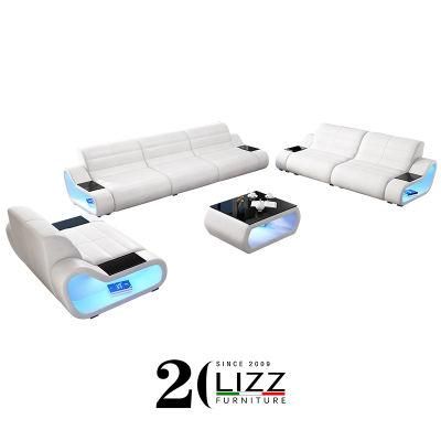 Modern Leisure Sectional Home furniture Set Genuine Leather Sofa with LED Light and Coffee Table
