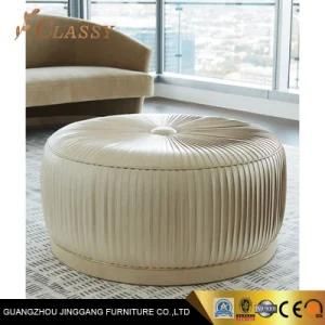Round PU Leather Living Room Ottoman Stool with Metal Base Bronze Finish