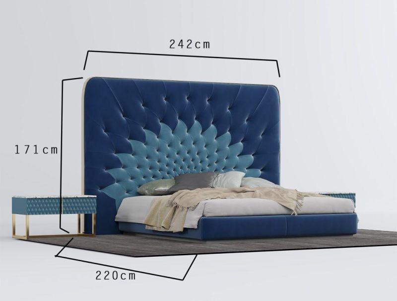 Good Quality Factory Bedroom Upholestery Modern Blue Valvet Fabric Bed Unique Design Home Hotel Bedroom Set