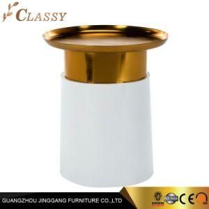 Modern Home Hotel Small Round Golden Metal Top Side Table Stool with Wood Base