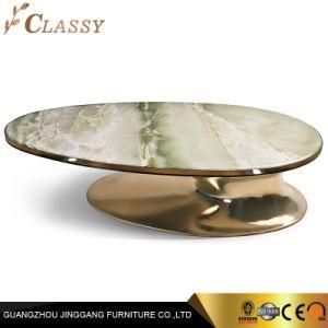 High-End Jade Green Marble Coffee Table with Stainless Steel Base