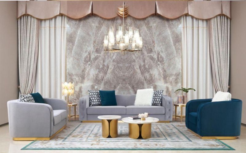 10% off Zhida Home Furniture Factory Supplier Living Room Luxury Design High Quality Grey Blue Color Velvet Fabric Villa Chesterfield Sofa for Hotel Lobby