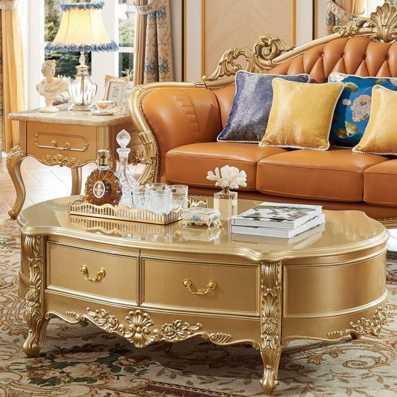 Royal Leather Sofa with Wooden Table for Living Room Furniture
