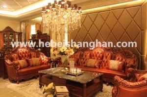 Wood Carved Luxury Living Room Royal Style Leather Upholstery Sectional Sofa