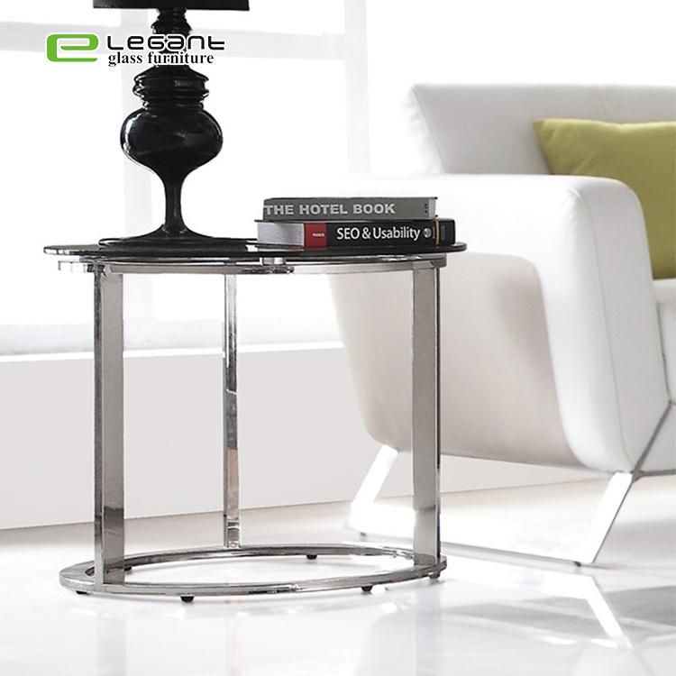 Modern Stainless Steel Base Round Grey Tempered Glass Side Table