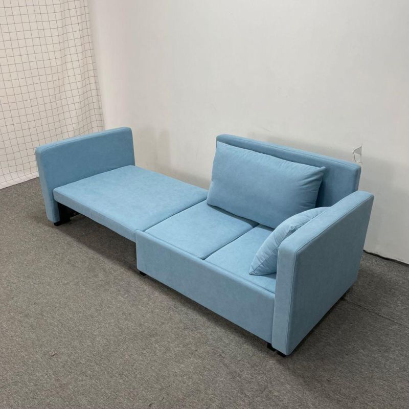 Light Blue Cotton Linen Horizontal Drag Three Section Cushion Sofa Bed