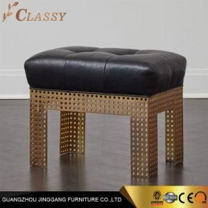 Luxury Cube Black Leather Ottoman Stool with Golden Metal Base