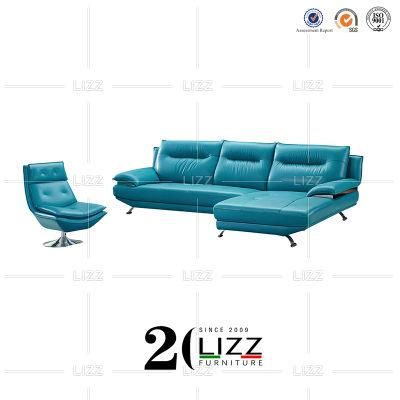 2022 Hot Sale Blue Luxury Italian Real Leather L Shape Corner Sofa with Single Chair Furniture Set