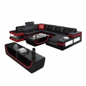Living Room Modern Modular Sectional Leather Sofa for Home Black with Red