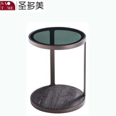Small Round Table with Gray Glass Surface on Wooden Base