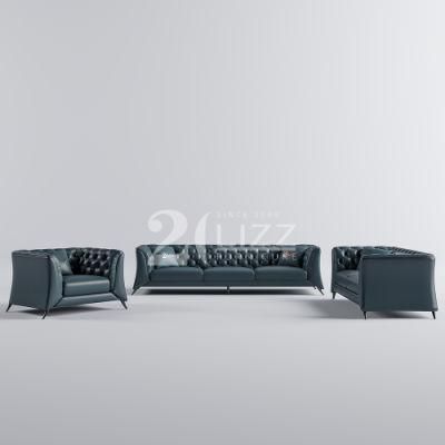 Modern Square Top Grain Leather Living Room Couch Simple Leisure Home Green Chesterfield Sofa with Metal Legs