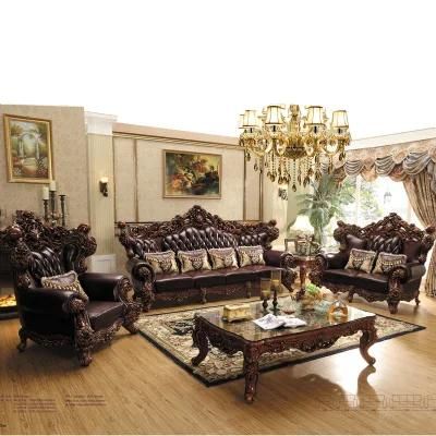 Wood Carved Classic Royal Leather Sofa in Optional Couch Seats and Sofas Furniture Color