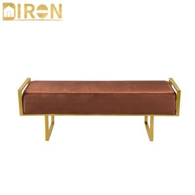 Hotel Home Living Room Stainless Steel Fabric Long Bench Stool Ottoman