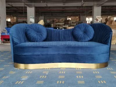 Modern Hotel Pleating Blue Velvet 3 Seat Lounge Sofa with Golden Base Living Room Home Furniture Pleated Couch