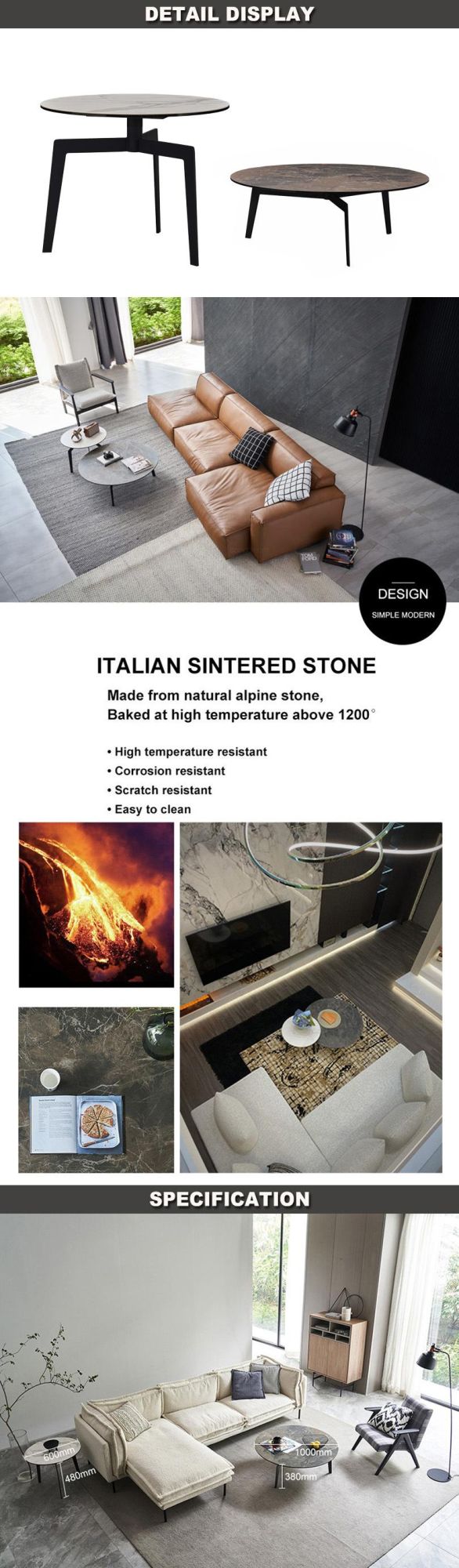 Solid Metal Legs Round Coffee Tables and Console Tables with Sintered Stone Top