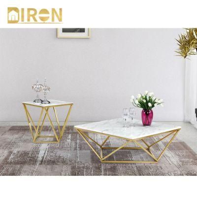 Modern Design White Square Marble Coffee Table with Gold Stainless Steel Base
