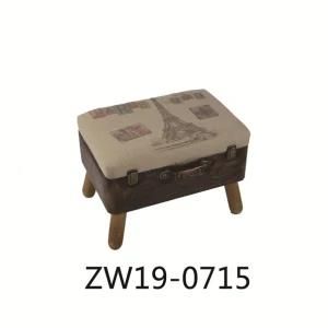 Vintage Linen &PU Mixed Suitcase Storage Stool