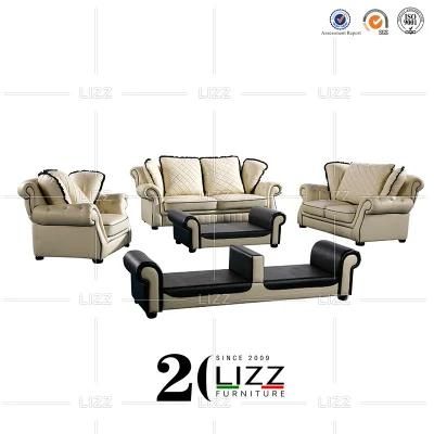 Antique Luxury Hotel Home Furniture Modern Living Room Genuine Leather off-White Sofa Set