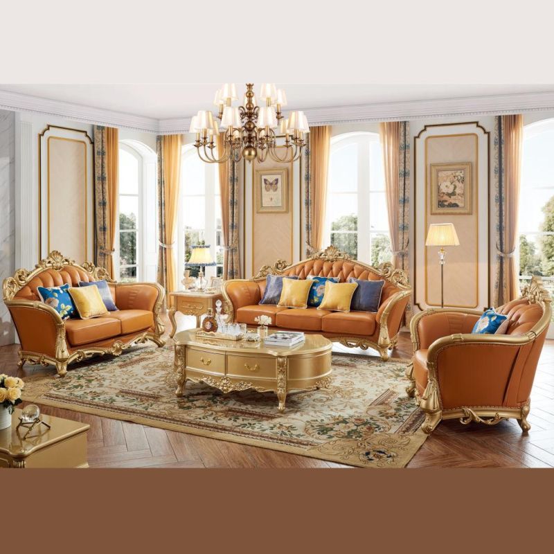Royal Leather Sofa with Wooden Table for Living Room Furniture