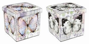 Butterfly Design Square Cube PU Leather and Wooden Folding Storage Seat Ottoman Stool