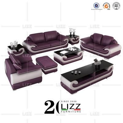 Amercian Classic Style Vintasge Living Room Wooden Furniture Luxury Italian Leather Sofa Set