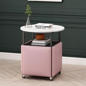 Marble Round Coffee Table Black Wooden Tabletop Metal Frame with Four Pink Leather Surface Stools Magic Cube Tea Table
