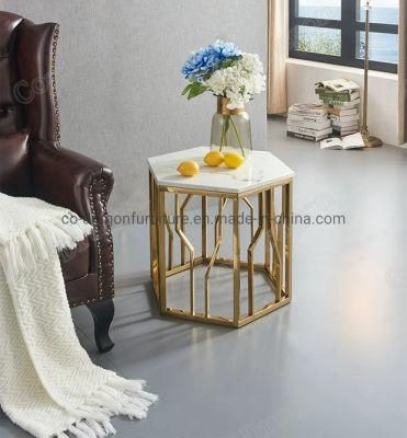 Mayco Minimalist Furniture Gold Round Tea Marble Top Side Table