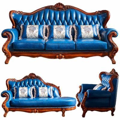 Antique Wooden Leather Sofa with Chaise Lounge for Home Furniture