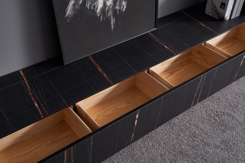 Beautiful Design Balck Marble Pattern Stylish Dark Veneer Finish Pinewood TV Table