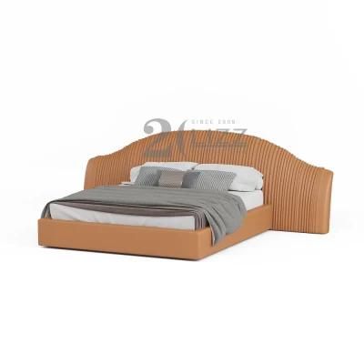 Customized OEM ODM Home Furniture Bedroom Orange Genuine Leather Double Beds Luxury Hotel Bedroom Set