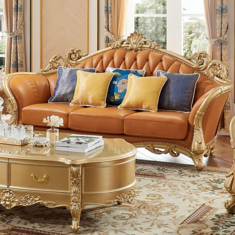 Royal Leather Sofa with Wooden Table for Living Room Furniture