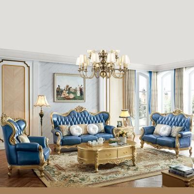 Wood Carved Luxury Leather Sofa for Living Room Furniture