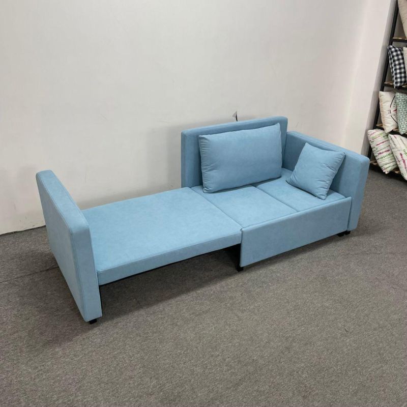 Light Blue Cotton Linen Horizontal Drag Three Section Cushion Sofa Bed