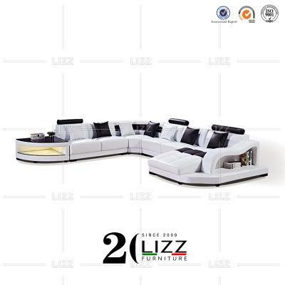 Hot Sale Modern Office Home Furniture Luxury Wooden Couch U Shape Living Room Leather Sofa with LED Light