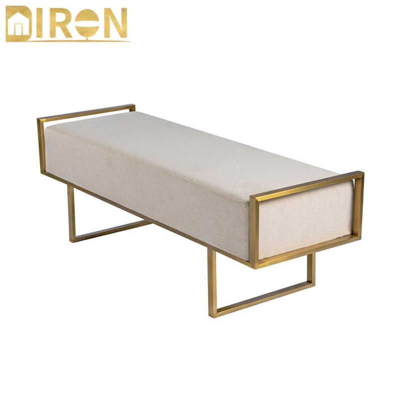 Hotel Home Living Room Stainless Steel Fabric Long Bench Stool Ottoman
