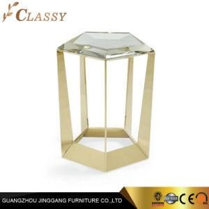 Golden Luxury Metal Steel Frame with Pentagon Shiny Crystal Diamond Top Glass Side Table