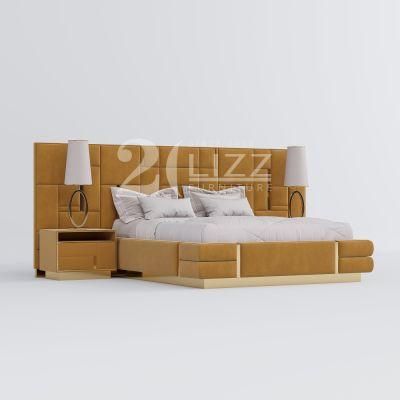 European Stylish Fabric Double/King/Queen Size Home Hotel Vilia Furniture Velvet Bedroom Bed Set with Nighstand